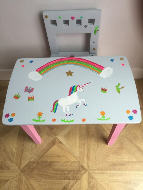 unicorn wooden table and 2 chairs