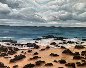 Wall art Noosa qld  original art seascape on canvas Wall Art original Australian painting coastline Large art Stormy sky sand rocks ocean