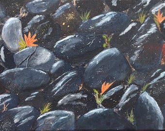 Original Painting Wet Rocks Black Toned Acylic on Small Canvas Gold Coast artist