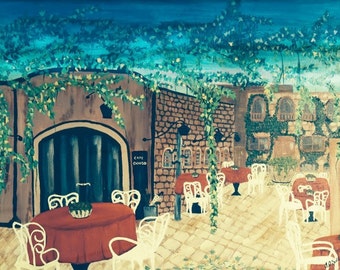 Italian Cafe at Dawn - Acrylic on Canvas Unique Painting