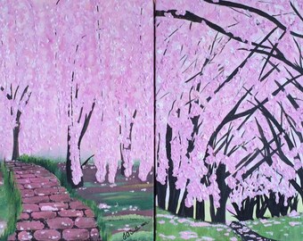Cherry Blossoms Original Painting Set of Two