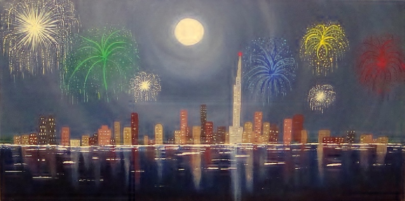 Fireworks Original Painting Surfers Paradise New Years Eve Acylic image 1