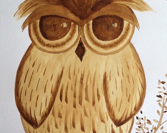 Owl - Original Coffee Painting on Watercolour Paper