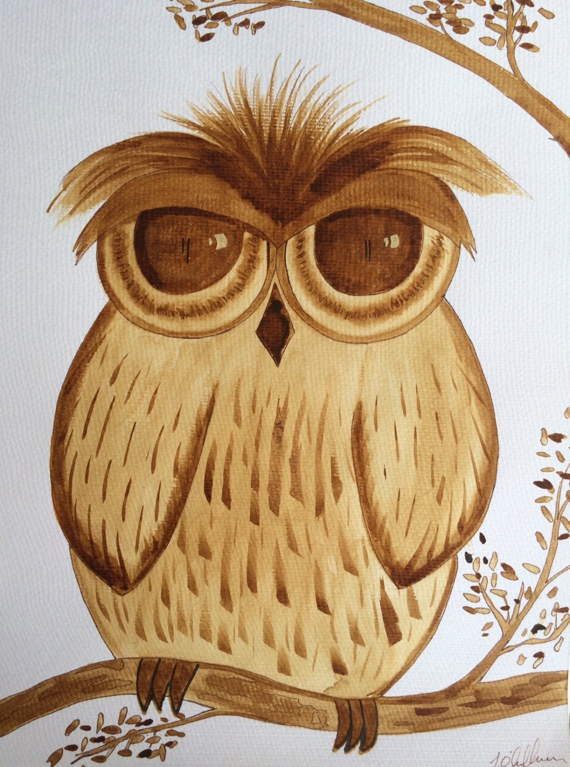 Owl - Original Coffee Painting on Watercolour Paper