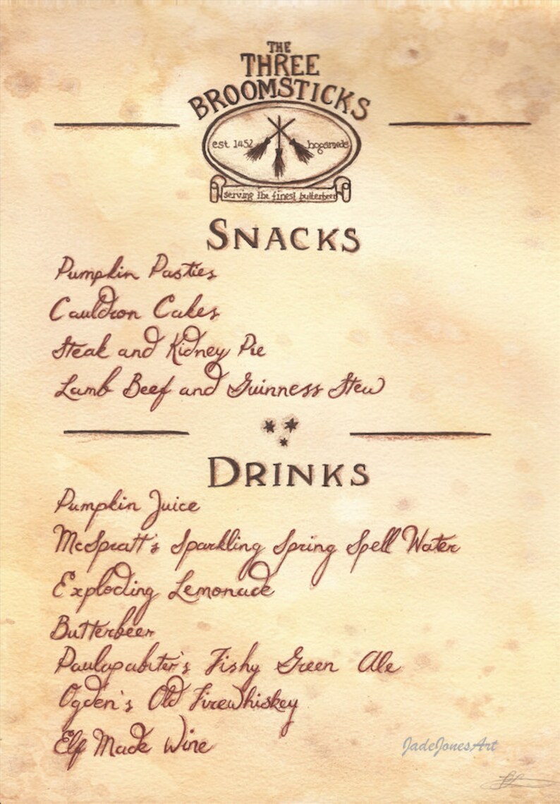 The Three Broomsticks Menu. Harry Potter Inspired A4 Print. Etsy
