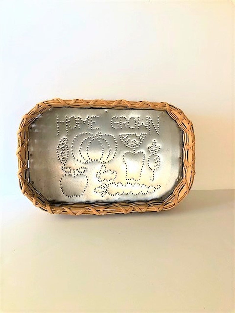 Punched Tin Serving Tray / Wicker Serving Tray / Pierced Tin Etsy