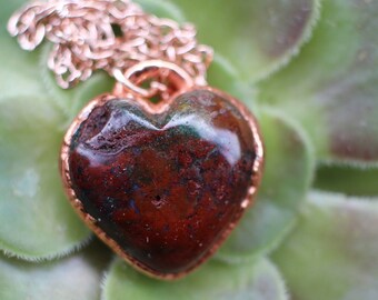 Heart Necklace | Handmade Crystal Heart - Electroformed Jasper Heart Necklace - Copper Dipped Jasper