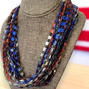 Red White & Blue Trellis Scarf Necklace with Gold Metallic (SKU 145) NO CLASP