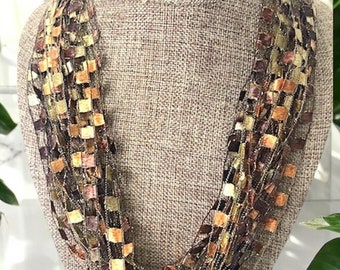 Brown, Copper and Bronze Shades Trellis Scarf Necklace with Gold Metallic (SKU 142) NO CLASP