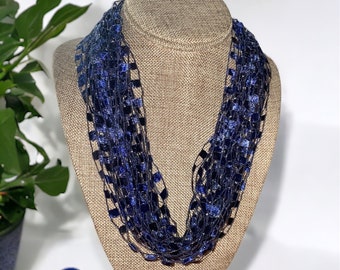 Classic Dark Navy Blue Trellis Scarf Necklace with Silver Metallic (SKU 141)