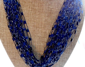 Classic Dark Navy Blue Trellis Scarf Necklace with Silver Metallic (SKU 141)