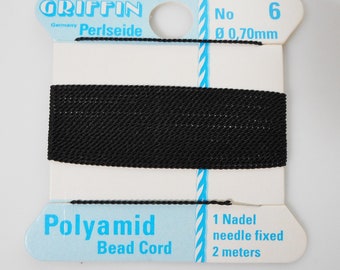 Griffin Polyamid Beading Cord - No. 6 - .70mm Diameter Black - with Needle