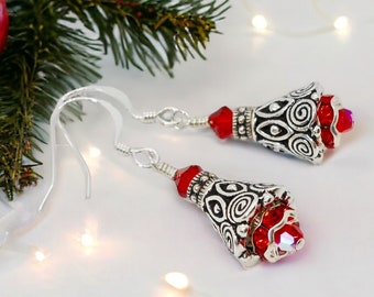 Exquisite Silver and Swarovski Siam Red or Clear Cystal Christmas Tree Earrings - Unique!