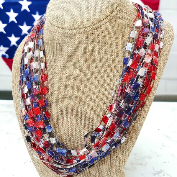 Red White & Blue Trellis Scarf Necklace with Gold Metallic (SKU 145) NO CLASP