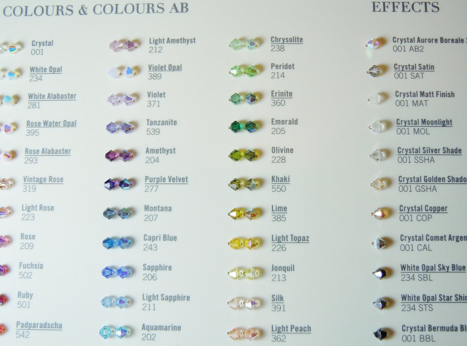 Swarovski Crystal BEAD Color Chart with Sample Beads Attached Etsy