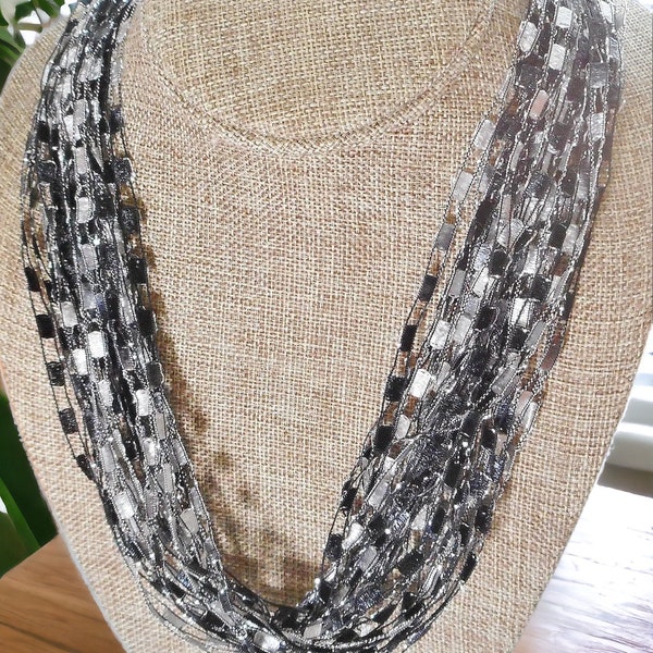 Black and Gray Shades Trellis Scarf Necklace with Silver Metallic  (SKU 105) NO CLASP