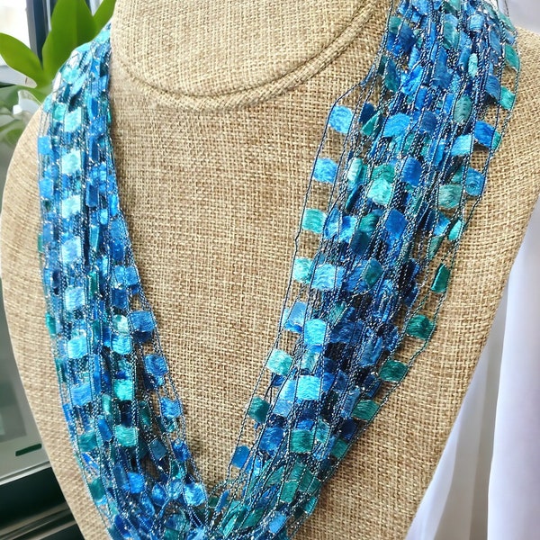 Turquoise Teal Trellis Scarf Necklace with Silver Metallic (SKU 149) NO CLASP