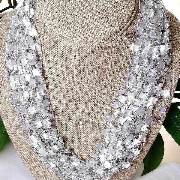 Stunning Silvery White Trellis Scarf Necklace with Silver Metallic  (SKU 134) NO CLASP