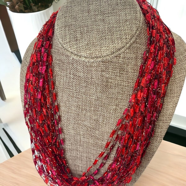 Gorgeous Red / Cranberry Trellis Scarf Necklace with Gold Metallic (SKU 143) NO CLASP
