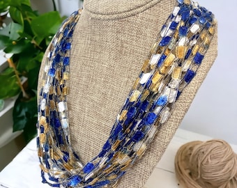 Shades of Navy, Gold & White Trellis Scarf Necklace with Gold Metallic (SKU 157) NO CLASP