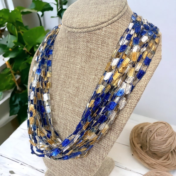 Shades of Navy, Gold & White Trellis Scarf Necklace with Gold Metallic (SKU 157) NO CLASP