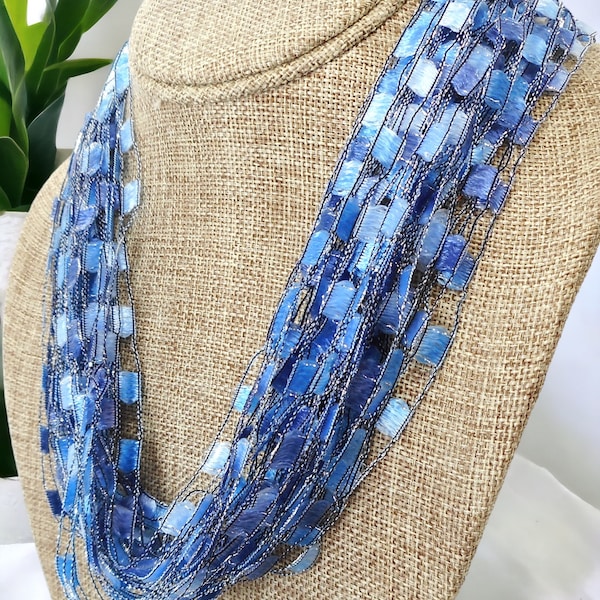 Faded Denim Blue Jeans Trellis Scarf Necklace with Silver Metallic (SKU 130) NO CLASP