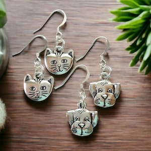Super-Cute Cat or Dog Silver Charm Dangle Earrings For Animal Lovers