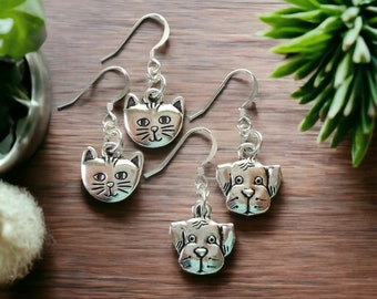 Super-Cute Cat or Dog Silver Charm Dangle Earrings For Animal Lovers