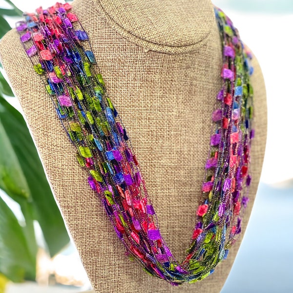 Tropical, Jewel-tone Colors Multi-Color Trellis Scarf Necklace (SKU 155) NO CLASP