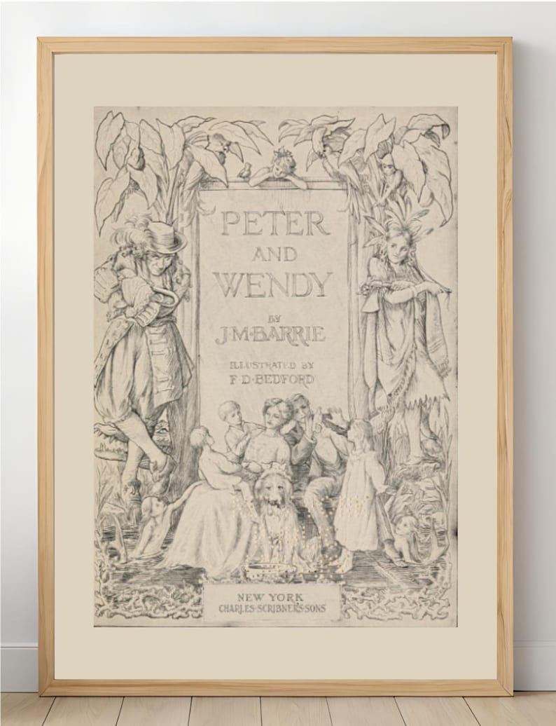 May include: A framed print of the book cover for "Peter and Wendy" by J.M. Barrie, illustrated by F.D. Bedford. The artwork is in black and white, featuring detailed illustrations of characters and foliage, with the title prominently displayed.