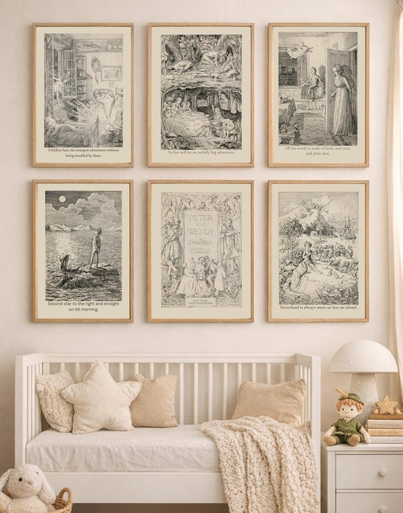 May include: Six framed black and white illustrations with text, including a book cover for "Peter and Wendy." The illustrations depict scenes from the story, with text such as "Second star to the right and straight on till morning."
