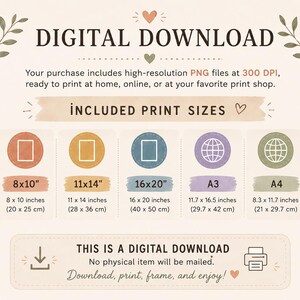 May include: Digital download art print information graphic. Includes print sizes 5x7 inches, 8x10 inches, 11x14 inches, and 16x20 inches, plus A3, A4, and A5 sizes. The graphic states that the purchase includes high-resolution PNG files at 300 DPI.