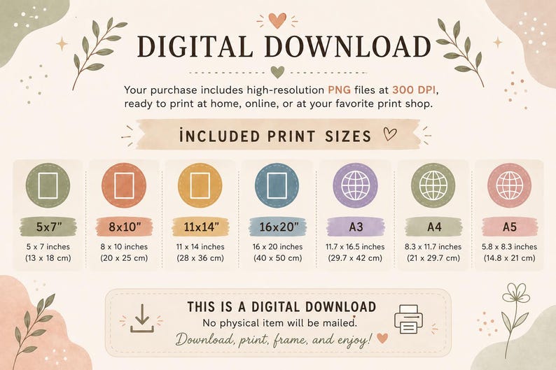 May include: Digital download art print information graphic. Includes print sizes 5x7 inches, 8x10 inches, 11x14 inches, and 16x20 inches, plus A3, A4, and A5 sizes. The graphic states that the purchase includes high-resolution PNG files at 300 DPI.