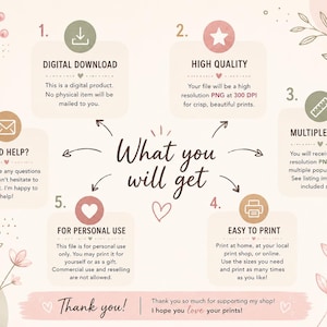 May include: A digital download graphic with text that reads "What you will get." The image highlights features like high-quality PNG files, multiple sizes, and easy printing. The design includes floral accents and a soft color palette.