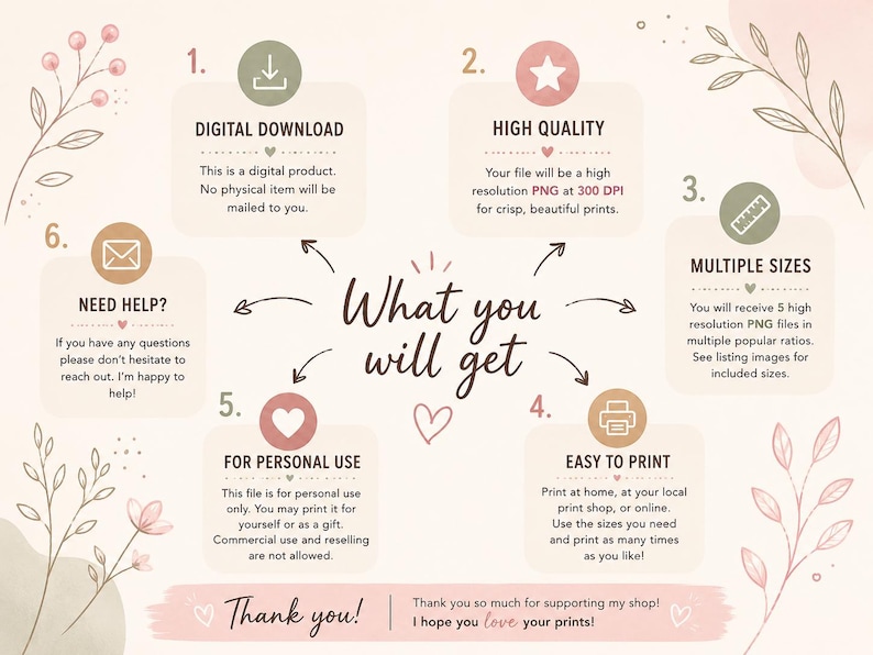 May include: A digital download graphic with text that reads "What you will get." The image highlights features like high-quality PNG files, multiple sizes, and easy printing. The design includes floral accents and a soft color palette.