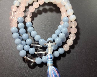 Stunning Trans Pride Mala Angelite,  Rose Quartz,  and White Agate.