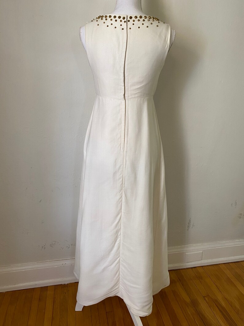 60s Vintage Cream Sleeveless Maxi Gown w/ Bow 1960s Gold Beaded Long Party Wedding Dress image 8