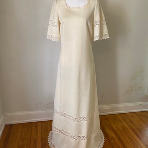 Vintage 1970s Boho Prairie Natural Cream Flutter Sleeve Maxi Gown 70s Linen look Textured Lace Square neck Wedding Dress image 1