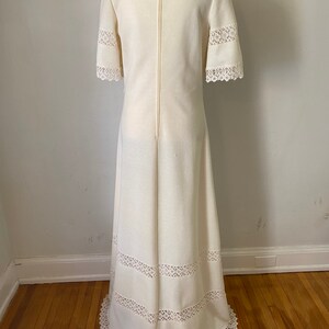 Vintage 1970s Boho Prairie Natural Cream Flutter Sleeve Maxi Gown 70s Linen look Textured Lace Square neck Wedding Dress image 6