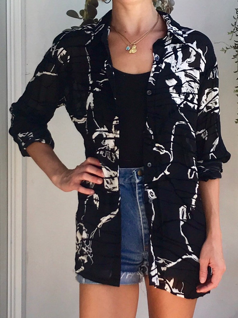 Vintage 90s Black White Graphic Blouse Layer S M