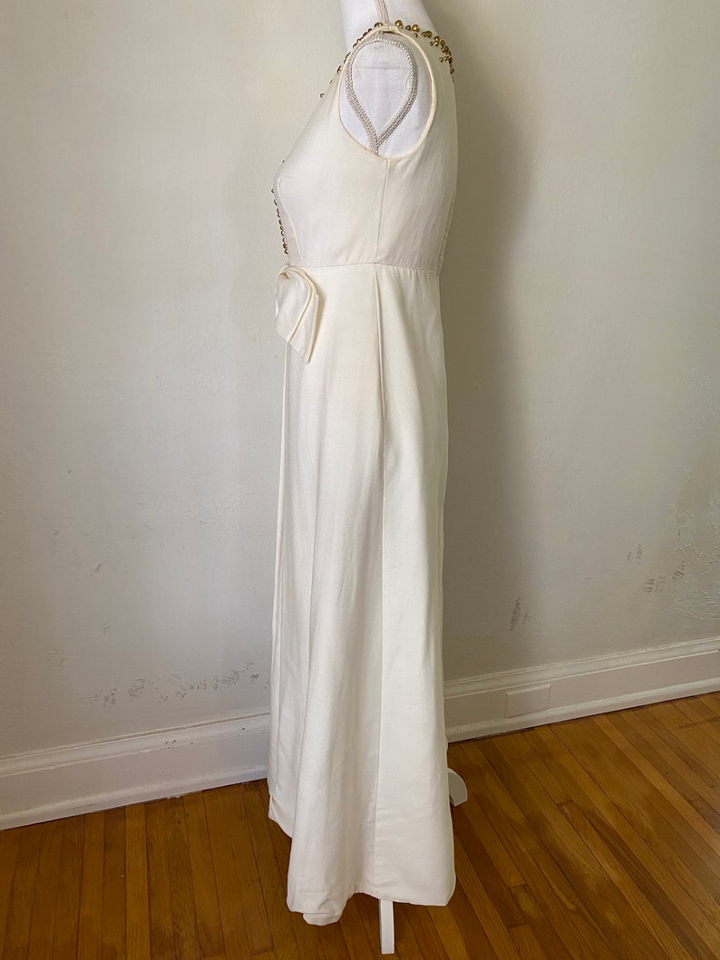 60s Vintage Cream Sleeveless Maxi Gown w/ Bow 1960s Gold Beaded Long Party Wedding Dress image 7