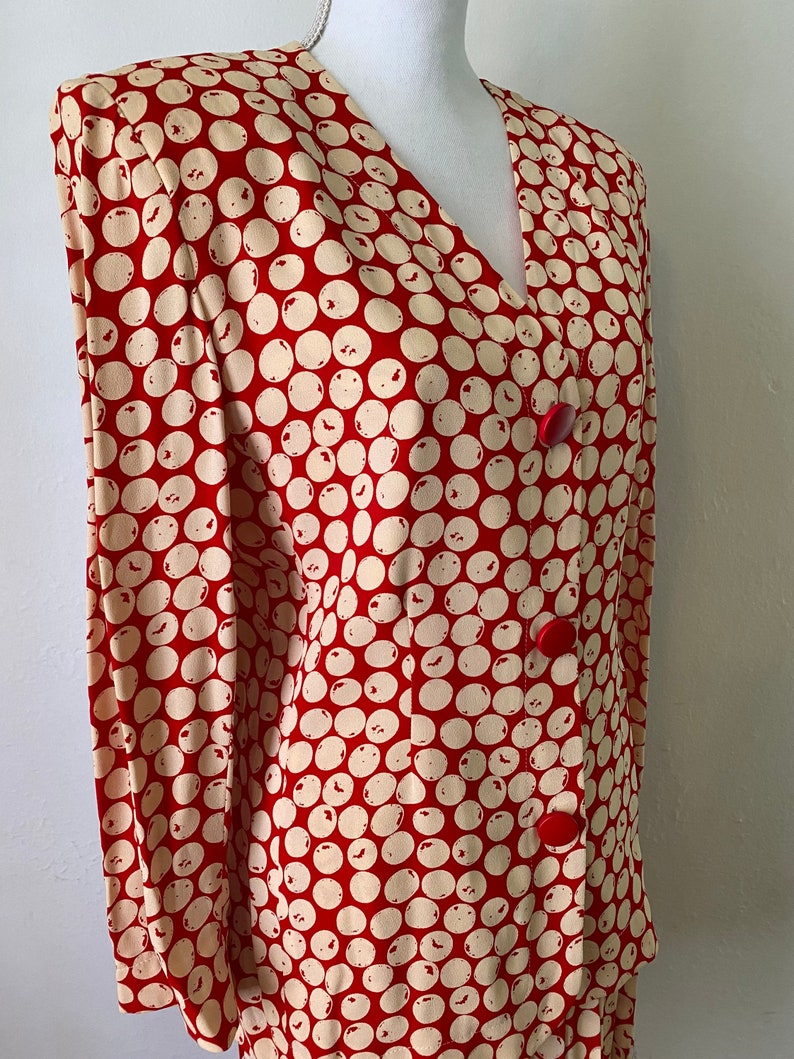 Vintage GIVENCHY 90s Jacket Blazer & Pleated Skirt Set 2 Piece Couture Red Cream Polka Dot Print image 4