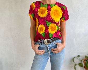 Magenta Sonnenblume Druck 90er Jahre Vintage Top - klein