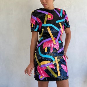 Extraordinary 1980s Vintage Geometric Shapes Sequin Statement Mini Dress Wearable Art Piece image 8