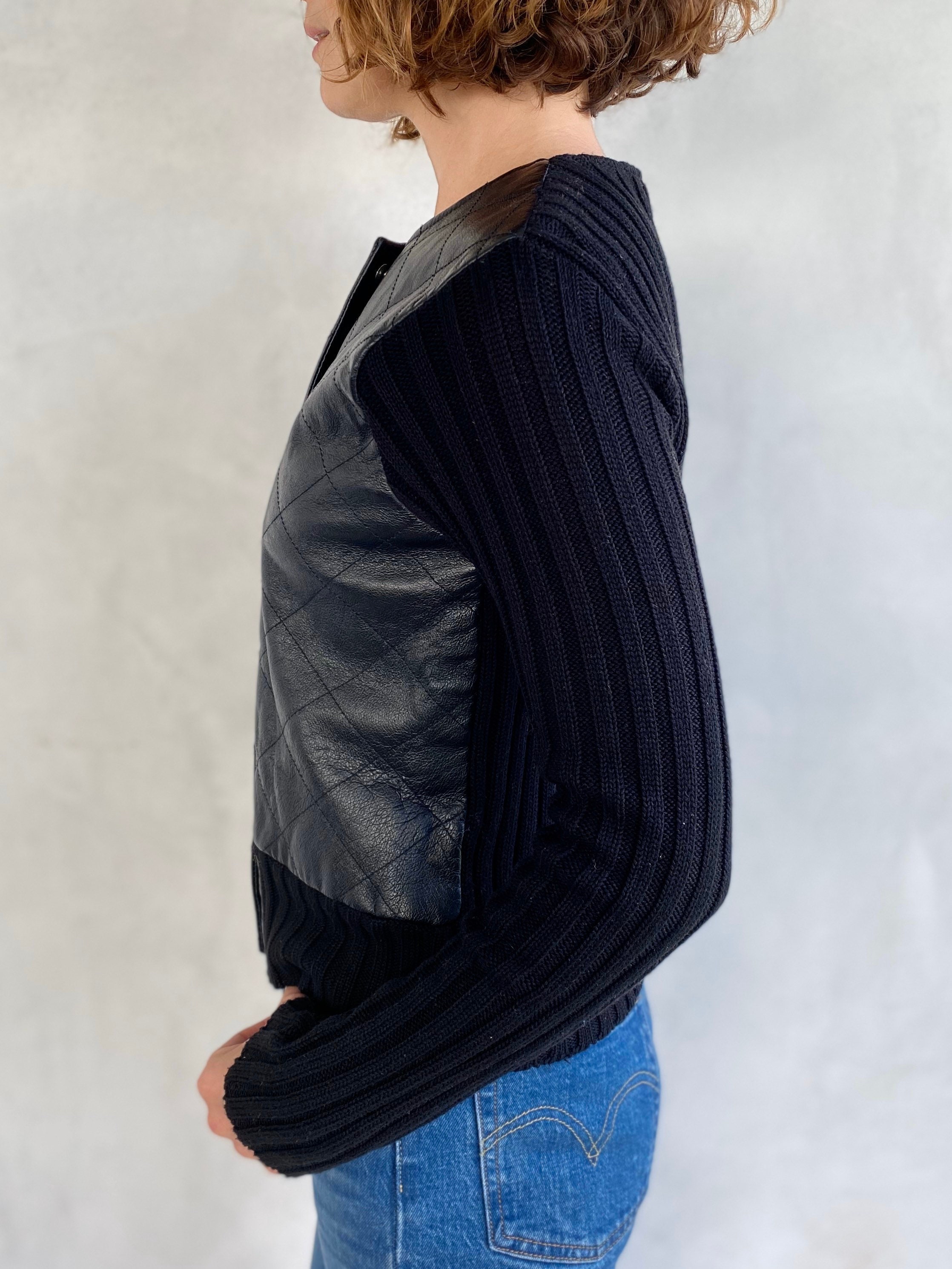 90s Vintage Leather Knit Sweater Jacket - Size Small - Etsy