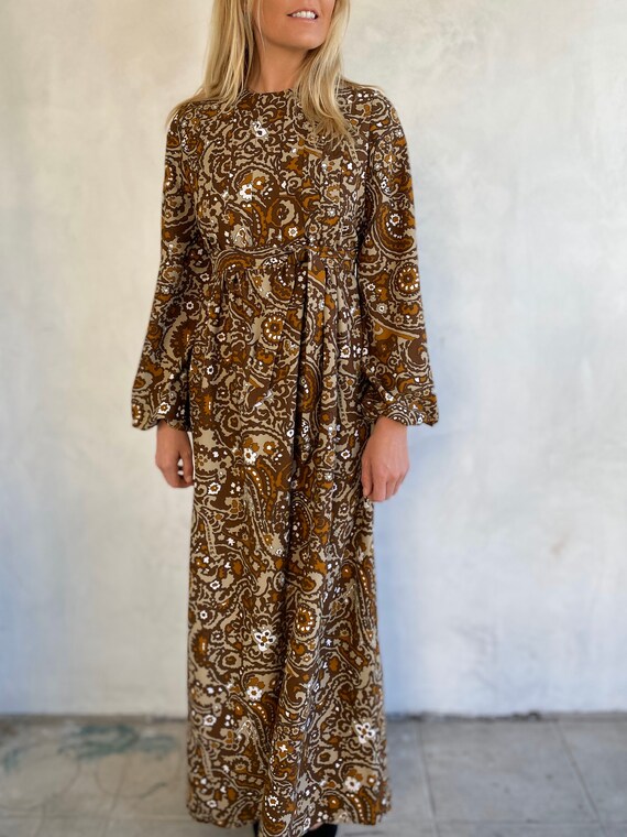 brown paisley maxi dress Brown Paisley Bloom Long Sleeve Maxi Dress  FARM Rio