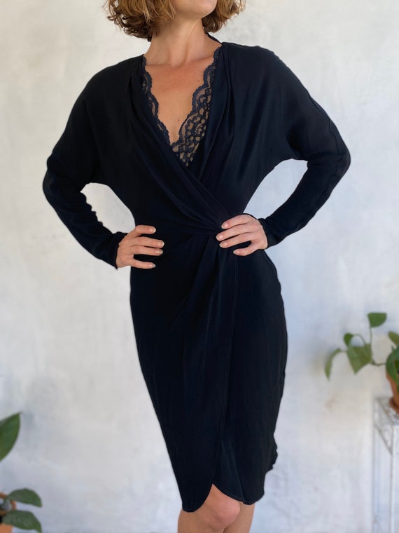 Beautiful Vintage 50s Black Lace Tulip Wrap Dress… - image 1
