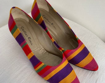 Vintage 80s Cristina Rossi Rainbow Stripe Italiano Tacones de Couture - 8