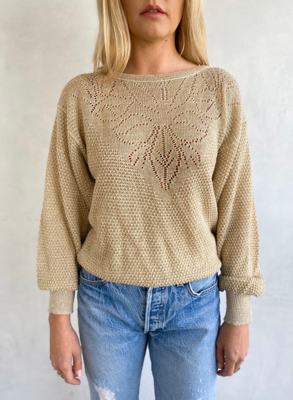 80s Vintage Soft Gold Knit Sweater - Semi Sheer J… - image 1