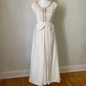 60s Vintage Cream Sleeveless Maxi Gown w/ Bow 1960s Gold Beaded Long Party Wedding Dress image 10